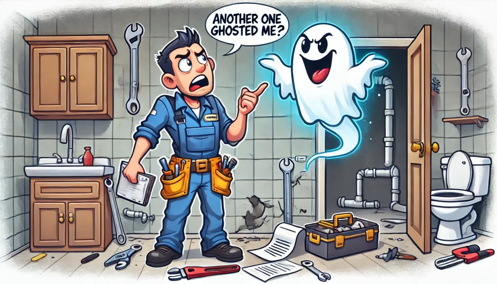 Cartoon of a confused plumber holding a clipboard while a mischievous ghost floats away with a wrench and plumbing invoice, symbolizing 