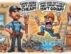 A funny cartoon-style illustration of a determined plumber in a uniform holding a wrench and shaking his head while a pushy customer holds up a giant funny take on a plumber shutting down a discount request while a DIY disaster unfolds in the background