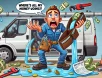 A humorous cartoon-style illustration of a plumber in a uniform holding an empty wallet, looking shocked as money leaks out of a broken pipe like wate Cartoon of a shocked plumber holding an empty wallet as money leaks from a broken pipe like water. A messy work van with scattered invoices and tools in the background symbolizes financial leaks in a plumbing business.