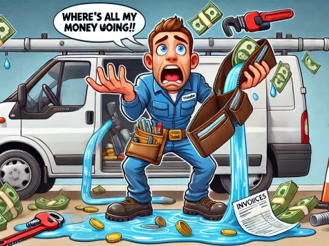 A humorous cartoon-style illustration of a plumber in a uniform holding an empty wallet, looking shocked as money leaks out of a broken pipe like wate Cartoon of a shocked plumber holding an empty wallet as money leaks from a broken pipe like water. A messy work van with scattered invoices and tools in the background symbolizes financial leaks in a plumbing business.