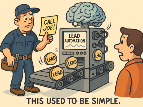 This Used to Be Simple – Contractor vs. Lead Automation” Cartoon showing a contractor holding a