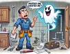 DALL·E 2025-02-19 21.48.50 - A cartoon-style illustration of a confused plumber in a uniform holding a clipboard, looking at a ghost floating away with a mischievous grin. The gho Cartoon of a confused plumber holding a clipboard while a mischievous ghost floats away with a wrench and plumbing invoice, symbolizing