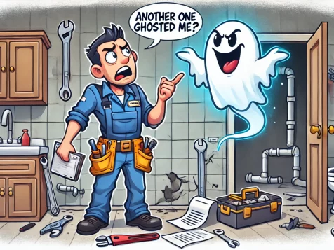 Cartoon of a confused plumber holding a clipboard while a mischievous ghost floats away with a wrench and plumbing invoice, symbolizing 
