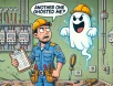 DALL·E 2025-02-19 21.50.51 - A cartoon-style illustration of a frustrated electrician in a uniform holding a clipboard, looking at a ghost floating away with a mischievous grin. T funny image of a frustrated electrician getting
