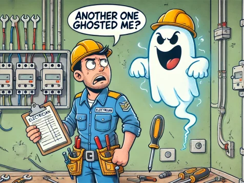 DALL·E 2025-02-19 21.50.51 - A cartoon-style illustration of a frustrated electrician in a uniform holding a clipboard, looking at a ghost floating away with a mischievous grin. T funny image of a frustrated electrician getting