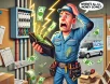 cartoon-style illustration of an electrician in a uniform holding an empty wallet, looking frustrated as money sparks out of a faulty elect Cartoon of a frustrated electrician holding an empty wallet as money sparks out of a faulty electrical panel. A messy work van with scattered invoices and tools in the background symbolizes financial leaks in an electrical business.