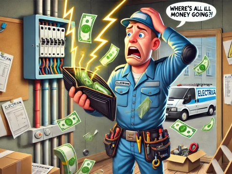 cartoon-style illustration of an electrician in a uniform holding an empty wallet, looking frustrated as money sparks out of a faulty elect Cartoon of a frustrated electrician holding an empty wallet as money sparks out of a faulty electrical panel. A messy work van with scattered invoices and tools in the background symbolizes financial leaks in an electrical business.