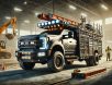 construction-work-truck-high-resolution High-resolution photograph of a construction work truck parked at a job site, equipped with tools, ladders, and materials in its bed, with bright lighting highlighting its rugged details against a dynamic construction site background.
