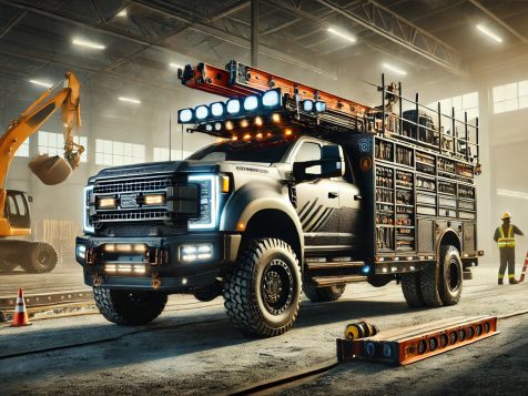 construction-work-truck-high-resolution High-resolution photograph of a construction work truck parked at a job site, equipped with tools, ladders, and materials in its bed, with bright lighting highlighting its rugged details against a dynamic construction site background.