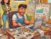 contractor-struggling-with-marketing-cartoon A cartoon of a frustrated contractor sitting at his desk, struggling with marketing. His wife stands behind him, arms crossed, saying 'Maybe you should call a professional' as he looks overwhelmed by digital ads and business cards.