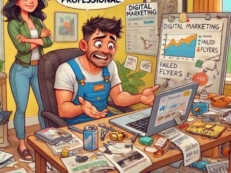 contractor-struggling-with-marketing-cartoon A cartoon of a frustrated contractor sitting at his desk, struggling with marketing. His wife stands behind him, arms crossed, saying 'Maybe you should call a professional' as he looks overwhelmed by digital ads and business cards.