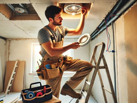 electrician-installing-recessed-lighting A skilled electrician installing recessed lighting in a residential home, standing on a ladder with tools and exposed wiring, demonstrating precision and expertise in electrical installations.