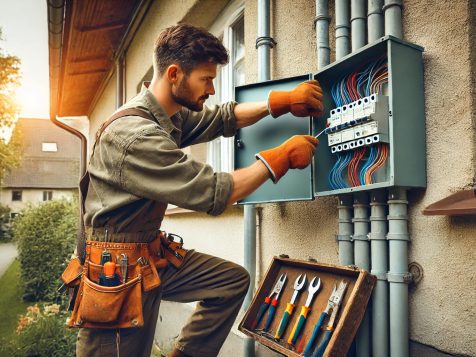 electrician-repairing-outdoor-panel A professional electrician repairing an outdoor electrical panel on the side of a residential house, using a screwdriver to secure wiring connections in a realistic job site setting.