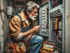 electrician-troubleshooting-breaker-panel A hardworking electrician in a worn uniform installing an electrical panel in a residential home, surrounded by tools and wiring, capturing the real-world grit of a tradesman at work.