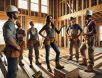 female-contractor-directing-construction-crew-unfinished-home High-resolution photograph of a female contractor wearing a hard hat and work boots, giving instructions to a crew of construction workers at an unfinished home with exposed wooden framing and drywall installation in progress.