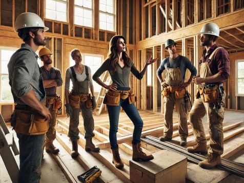 female-contractor-directing-construction-crew-unfinished-home High-resolution photograph of a female contractor wearing a hard hat and work boots, giving instructions to a crew of construction workers at an unfinished home with exposed wooden framing and drywall installation in progress.