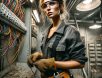 female-electrician-troubleshooting-power-issues A skilled female electrician in a work uniform, carefully fixing an open electrical panel with complex wiring, showcasing technical expertise and focus.