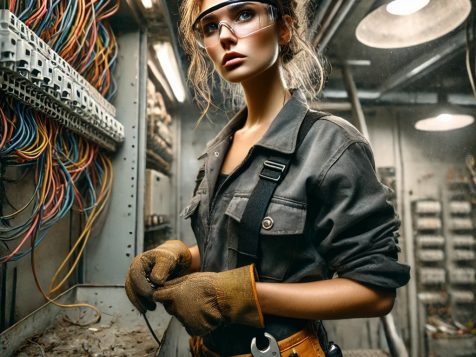 female-electrician-troubleshooting-power-issues A skilled female electrician in a work uniform, carefully fixing an open electrical panel with complex wiring, showcasing technical expertise and focus.