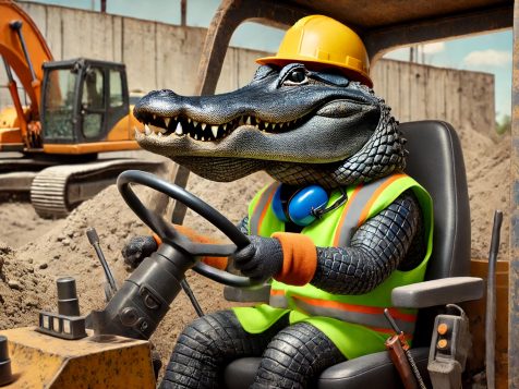 funny-alligator-heavy-equipment-operator A confident alligator dressed as a heavy equipment operator, wearing a hard hat and safety vest, sitting inside an excavator while maneuvering controls at a humorous construction site.