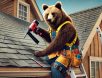 funny-bear-roofer A determined bear dressed as a roofer, wearing a hard hat, tool belt, and safety harness while securing shingles on a house roof with a nail gun in a humorous construction setting.