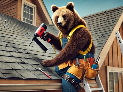 funny-bear-roofer A determined bear dressed as a roofer, wearing a hard hat, tool belt, and safety harness while securing shingles on a house roof with a nail gun in a humorous construction setting.