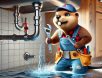 funny-beaver-plumber-fixing-pipe A determined beaver dressed as a plumber, wearing overalls and a tool belt, using a wrench to fix a dramatically leaking pipe under a kitchen sink for a humorous effect.