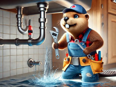 funny-beaver-plumber-fixing-pipe A determined beaver dressed as a plumber, wearing overalls and a tool belt, using a wrench to fix a dramatically leaking pipe under a kitchen sink for a humorous effect.