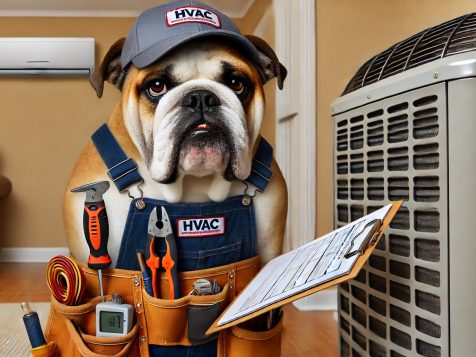 funny-bulldog-hvac-technician A serious yet puzzled bulldog dressed as an HVAC technician, wearing a tool belt and baseball cap, inspecting an air conditioning unit with a clipboard in a humorous residential repair scene.
