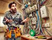 funny-electrician-DIY-wiring-fail A confused electrician looking at a dangerously bad DIY wiring setup, featuring tangled wires, duct tape fixes, and an excessive number of extension cords plugged into one outlet.