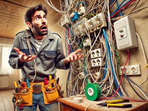 funny-electrician-DIY-wiring-fail A confused electrician looking at a dangerously bad DIY wiring setup, featuring tangled wires, duct tape fixes, and an excessive number of extension cords plugged into one outlet.