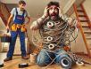 funny-electrician-excessive-tape. A baffled electrician holding a bundle of wires wrapped in an absurd amount of electrical tape, reacting to an over-the-top DIY repair in a residential home.