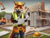 funny-fox-general-contractor. A confident yet mischievous fox dressed as a general contractor, wearing a high-visibility vest, hard hat, and tool belt, inspecting a half-built house with blueprints in hand at a humorous construction site.