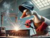 funny-goose-welder A determined yet slightly chaotic goose dressed as a welder, wearing a welding helmet, gloves, and protective apron, using a welding torch to fuse metal beams with bright sparks flying in a humorous industrial workshop setting.