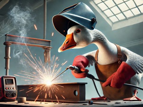 funny-goose-welder A determined yet slightly chaotic goose dressed as a welder, wearing a welding helmet, gloves, and protective apron, using a welding torch to fuse metal beams with bright sparks flying in a humorous industrial workshop setting.