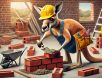 funny-kangaroo-bricklayer. A focused kangaroo dressed as a bricklayer, wearing a hard hat and tool belt, carefully laying bricks with a trowel while hilariously tucking extra bricks into its pouch on a construction site.