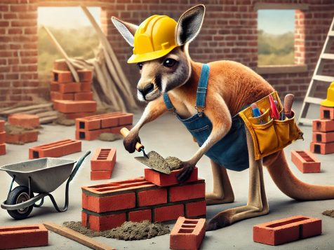 funny-kangaroo-bricklayer. A focused kangaroo dressed as a bricklayer, wearing a hard hat and tool belt, carefully laying bricks with a trowel while hilariously tucking extra bricks into its pouch on a construction site.