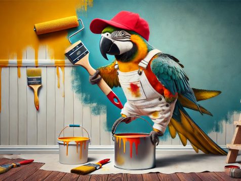 funny-parrot-painter. A confident parrot dressed as a painter, wearing a painter’s cap and overalls, holding a paintbrush in its beak while standing on a paint bucket and painting a wall with vibrant colors in a humorous home renovation scene.