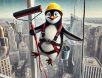 funny-penguin-window-washer. A determined yet slightly nervous penguin dressed as a window washer, wearing a safety harness and helmet, dangling from a rope while cleaning a skyscraper window high above the city.