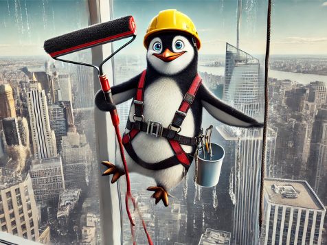 funny-penguin-window-washer. A determined yet slightly nervous penguin dressed as a window washer, wearing a safety harness and helmet, dangling from a rope while cleaning a skyscraper window high above the city.