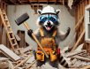 funny-raccoon-demolition-expert. An excited raccoon dressed as a demolition expert, wearing a hard hat, safety goggles, and tool belt, holding a sledgehammer in a partially demolished room with broken drywall and debris.