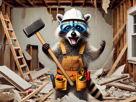funny-raccoon-demolition-expert. An excited raccoon dressed as a demolition expert, wearing a hard hat, safety goggles, and tool belt, holding a sledgehammer in a partially demolished room with broken drywall and debris.