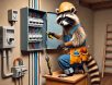 funny-raccoon-electrician-repair. A determined raccoon dressed as an electrician, wearing a hard hat and tool belt, using a screwdriver to adjust wiring in a residential electrical panel for a humorous effect.
