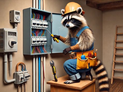 funny-raccoon-electrician-repair. A determined raccoon dressed as an electrician, wearing a hard hat and tool belt, using a screwdriver to adjust wiring in a residential electrical panel for a humorous effect.