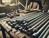 gritty-industrial-metal-pipes-high-resolution High-resolution gritty photograph of industrial metal pipes arranged on a rugged work surface with visible rust, dust, and scattered tools, capturing an authentic repair or construction setting.