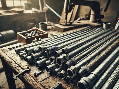 gritty-industrial-metal-pipes-high-resolution High-resolution gritty photograph of industrial metal pipes arranged on a rugged work surface with visible rust, dust, and scattered tools, capturing an authentic repair or construction setting.