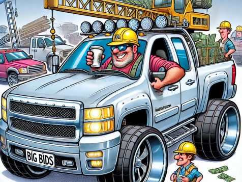 successful-contractor-fancy-truck-cartoon A cartoon of a hardworking contractor celebrating his success by purchasing a flashy, high-end truck, symbolizing his achievements and wealth from years of dedication.