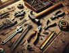zoomed-out-workbench-tools-high-resolution Zoomed-out high-resolution image of a workbench covered with everyday tools, including a hammer, pliers, wrench, screwdriver, and measuring tape, scattered across a rugged wooden surface with dust and scratches.