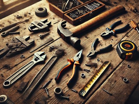 zoomed-out-workbench-tools-high-resolution Zoomed-out high-resolution image of a workbench covered with everyday tools, including a hammer, pliers, wrench, screwdriver, and measuring tape, scattered across a rugged wooden surface with dust and scratches.
